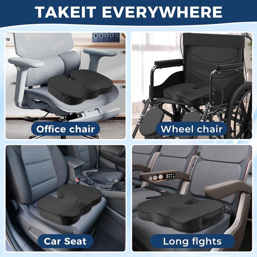 Gel Memory Foam Layer Wheelchair Cushion - Wheelchair Office Chair, Kitchen Chair, Car Seat - Pressure Pain and Tailbone Pain Relief - High Density Foam Base (Black)