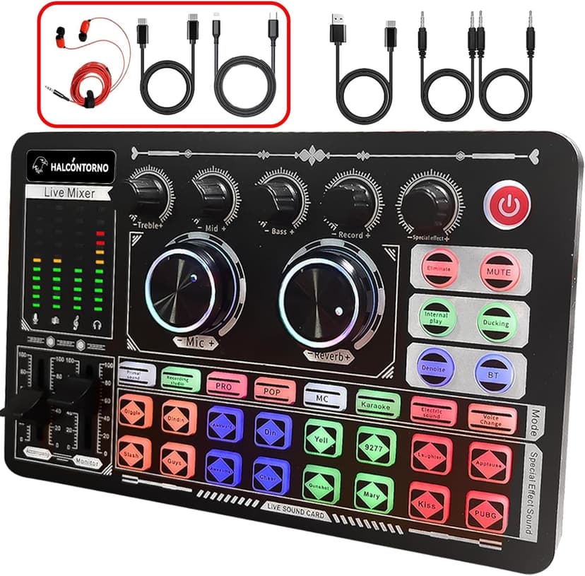 HALCONTORNO Podcast Sound Board F999 Plus - Music Mixer Board, Audio Mixer for YouTuber Streamer Music Gamer, Audio Interface, DJ Equipment Sound Card for Beginners (F999 Plus)