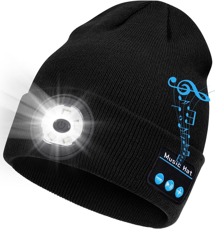 Bluetooth Beanie with Light, USB-C Charging 5 LED Flashlight Hat, Built-in Stereo Speakers Mic, Christmas Stocking Stuffers White Elephant Gifts for Men Dad Teens Boys for Camping Fishing B0DJ17Q4X3