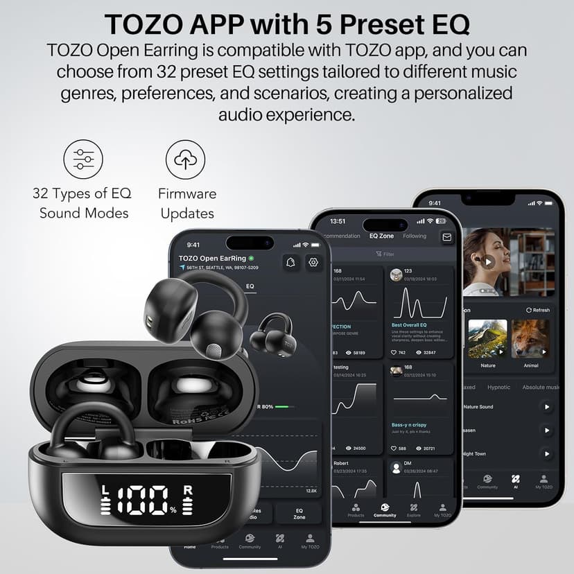 TOZO OpenEarRing True Open Ear Headphones, Lightweight Comfort Open Ear Clip Wireless Earbuds, 40H Play Bluetooth 5.4 Headphones with Smart Digital Display Design Fit Sports Running, Workout Black