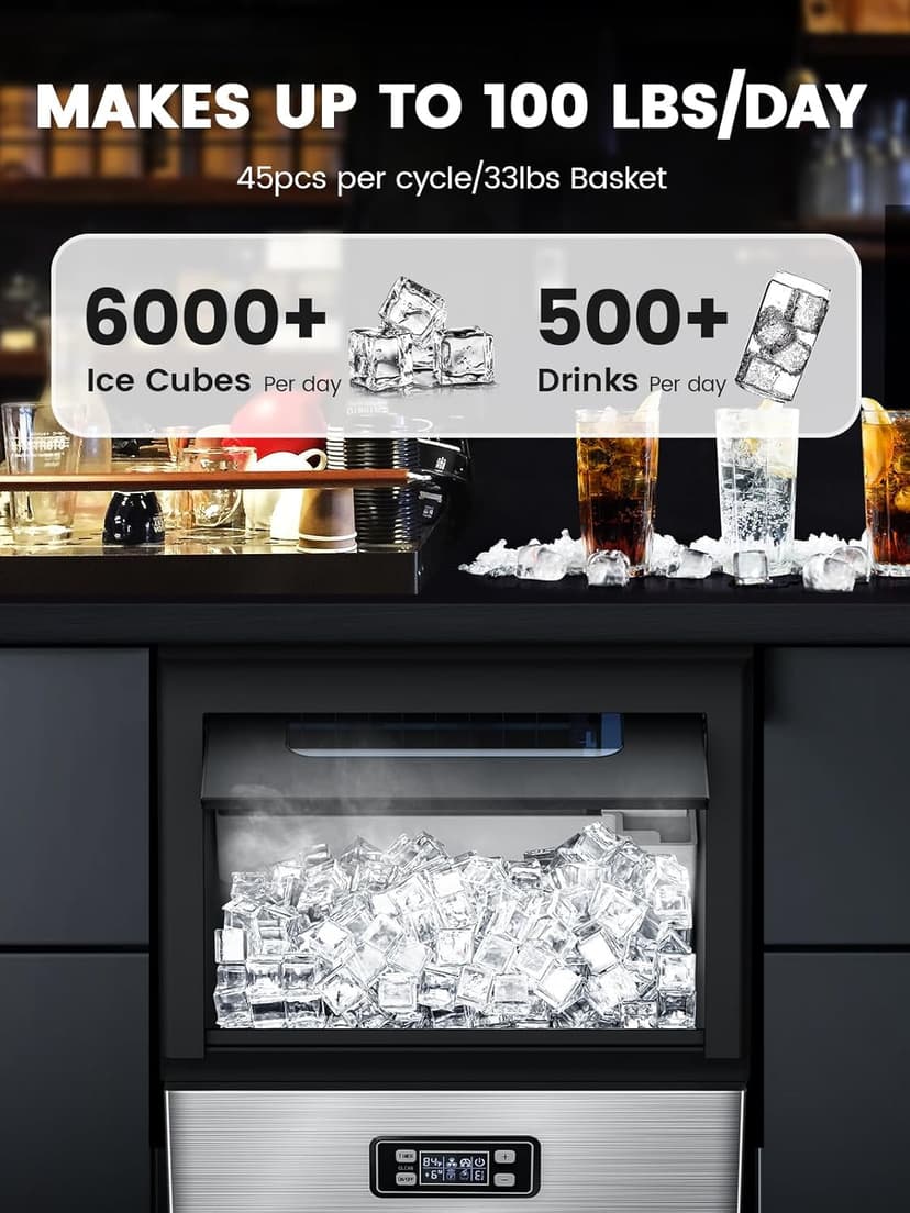 Electactic Commercial Ice Maker Machine,100lbs/24H Stainless Steel Ice Machine,33lbs Storage, Auto Self-Cleaning Freestanding Ice Maker, Ice Machine Freestanding for Bar/Cafe/Restaurant-Dark Silver