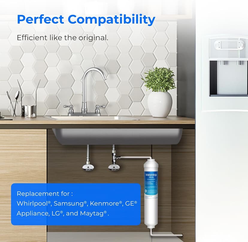 Waterdrop INL Inline Water Filter for Refrigerator and Ice Maker, 1 Year NSF Certified High Capacity Drinking Water Filtration System, Reduces Chlorine, Sediment, Bad Taste & Odor