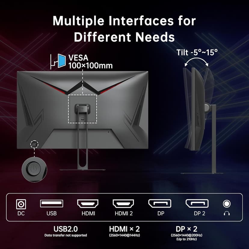 KTC 27 Inch Gaming Monitor - 2K QHD 2560 x 1440 Monitor, Up to 210Hz & 1ms, Bulit-in Speakers, Adaptive Sync, HDR400, 131% sRGB, IPS Monitors Gamer with HDMI 2.0 x 2 & DP1.4 x 2, H27T22C-3