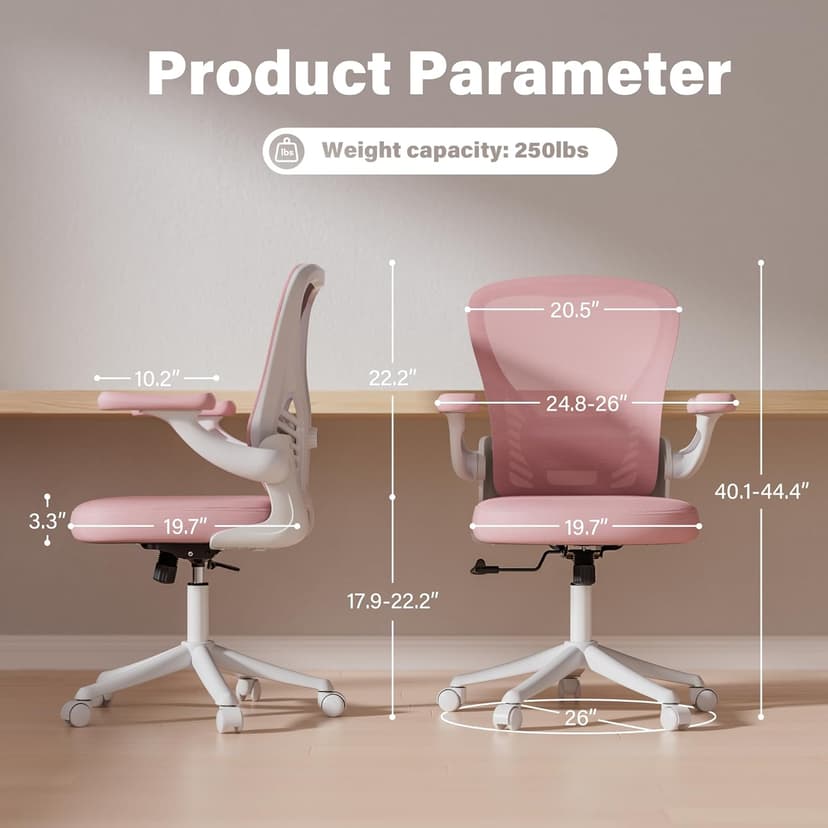 GYI Ergonomic Office Chair, Mesh Desk Chair with Adjustable Lumbar Support and 3D Flip-up Arms, Computer Chair with Wheels, Pink