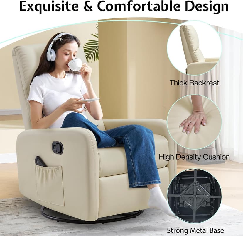 Jocisland Swivel Glider Rocking Recliner Chair for Adults, Nursery Rocker Reclining, Comfy Upholstered Single Sofa Armchair for Living Room Bedroom Nursing, Leather Cream
