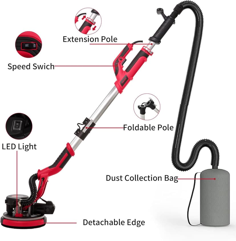 Cofiyard Drywall Sander with Vacuum Dust Collector,1250W Electric Drywall Sander ,7 Variable Speed LED Light 900-1800RPM,Foldable & Extendable Handle Ceiling Popcorn Removal Tool