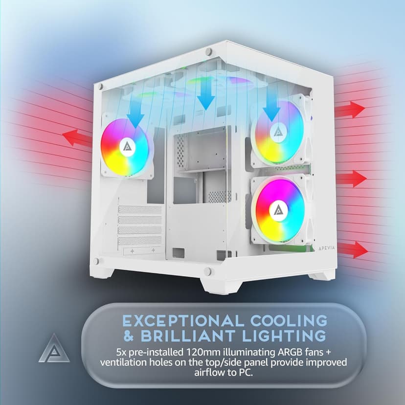 Apevia Prism-WH Prism Micro-ATX Gaming PC Cube Case w/ 5X 120mm ARGB Fans, 366 RGB Modes, Dual Tempered Glass Panels, 240mm Radiator Support, 1X USB3.0, 2X USB 2.0, HD Audio Port, White