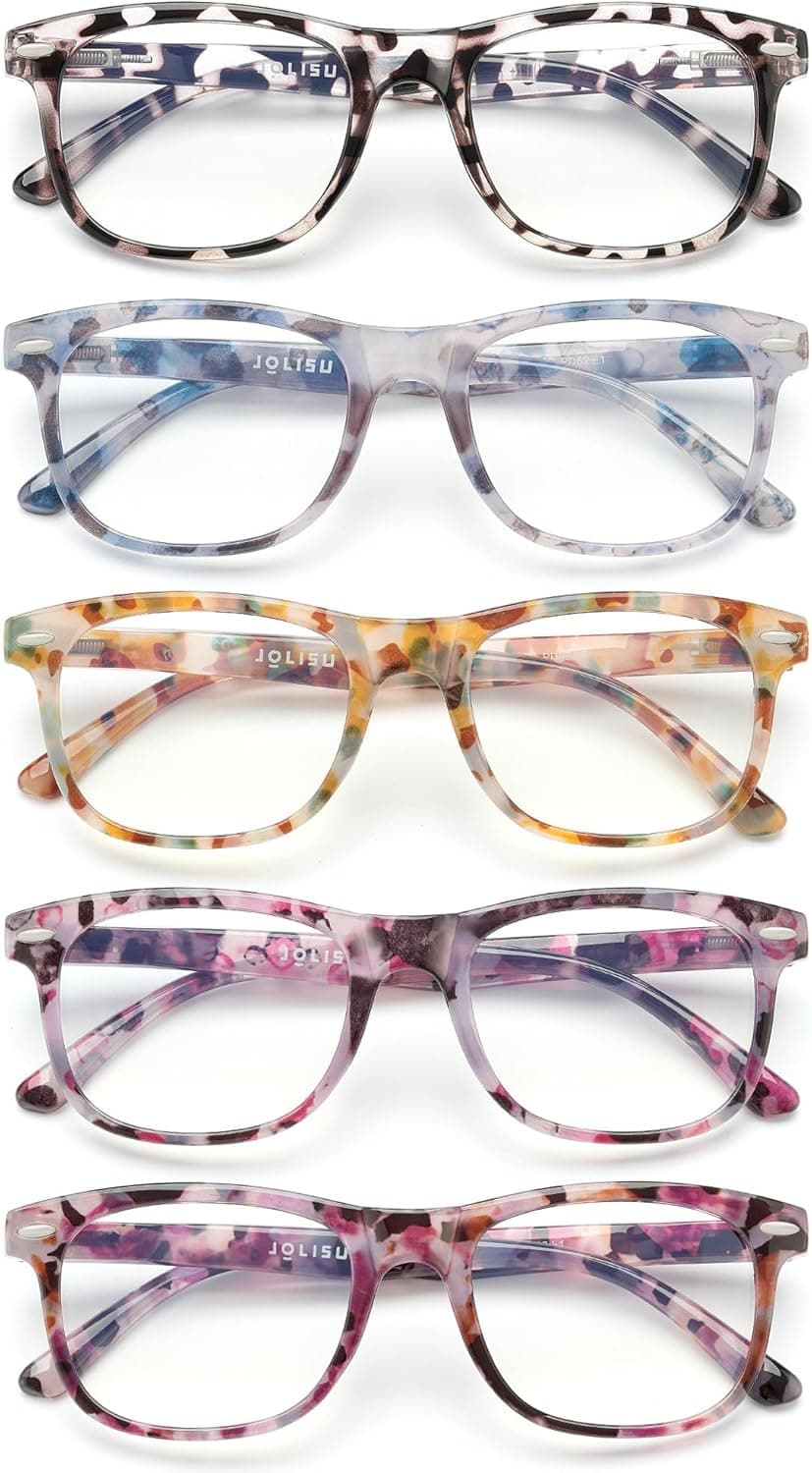 JOLISU 5 Pack Reading Glasses For Women - Stylish Blue Light Blocking Readers -Womens Men Spring Hinge Eyeglasses (2.00)