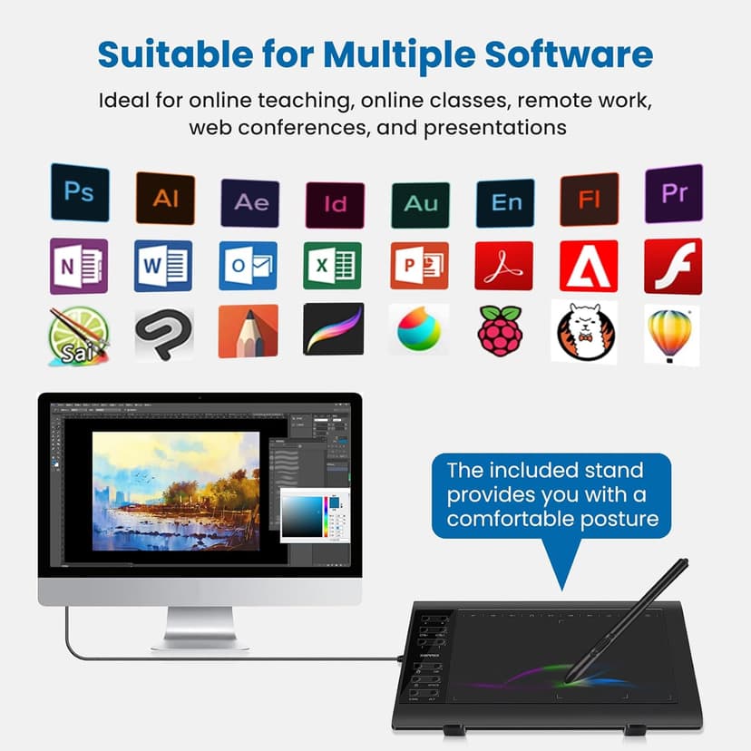 XOPPOX Graphics Drawing Tablet, 10×6 Inch Large Active Area with Battery-Free Stylus, 8192 Levels of Pen Pressure and 12 Hot Keys, Compatible with PC/Mac/Android for Painting, Design & Online Teaching