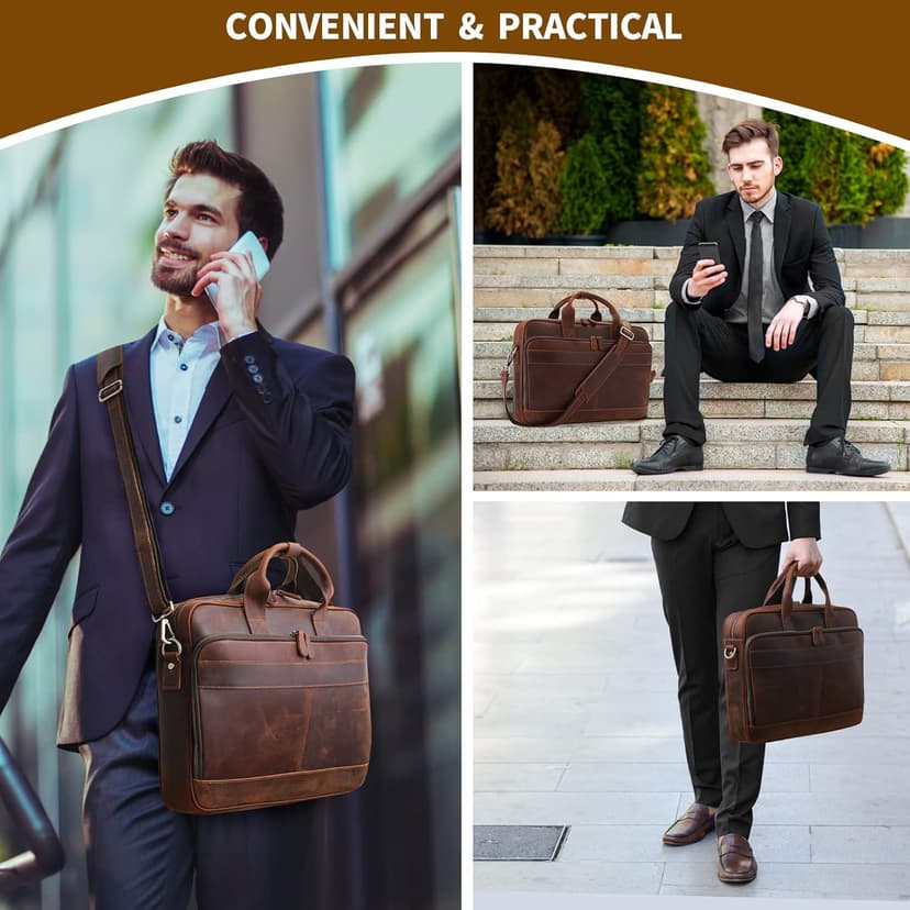 Jack&Chris Full Grain Leather Briefcase for Men, Business Messenger Bag Laptop Bag Attache Case, Fits 15.6 Inch Laptop