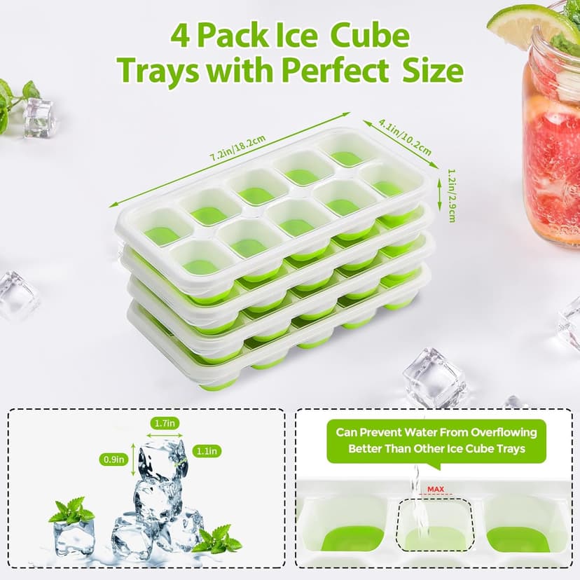 DOQAUS Ice Cube Tray with Lids - 4 Pack Stackable Silicone Ice Trays for Freezer, BPA & LFGB Safe, Easy Release for Kitchen, RV, Cocktail, Coffee, Soup & Food