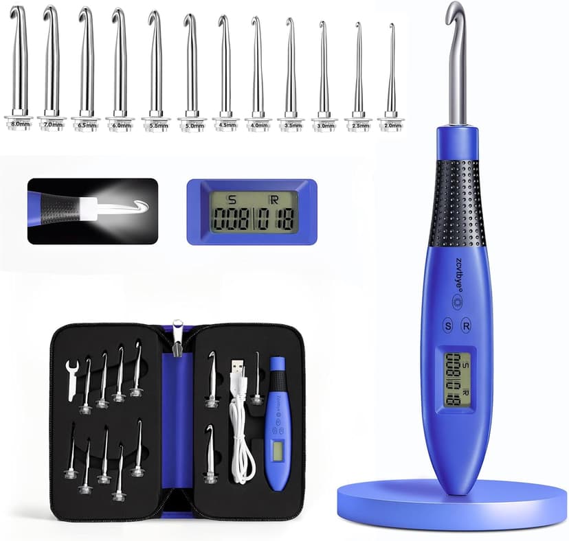 Light Up Crochet Hook Set Lighted Crochet Hook Set with 12 Different Size Interchangeable Crochet Needle, Ergonomic with 2 Levels Led and Digital Stitch Counter for Crocheting and Knitting