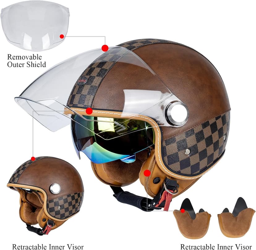 Dual Visor 3/4 Open Face Motorcycle Helmet for Men & Women, DOT Approved Unisex Retro Half Helmet，Motorbike Casco for Moped Cruiser Bobber and Chopper