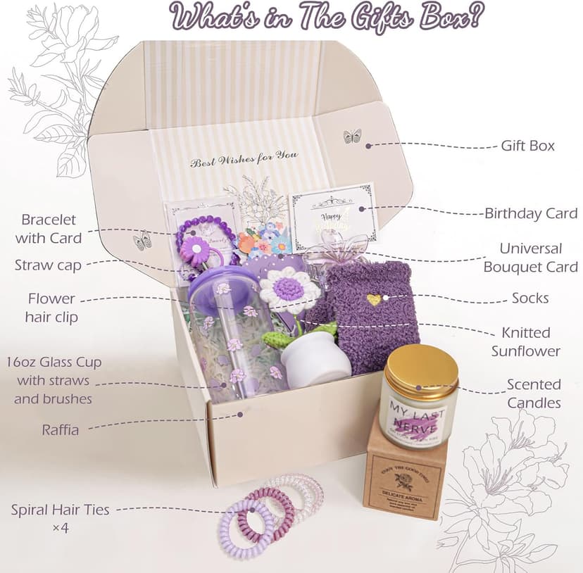 Birthday Gifts for Women Teen Girls, Unique Happy Birthday Gift Baskets for Her Mom, Thank You Self Care Get Well Box Set, Cute Teenage Cup Present for Mother Friend Sister Teacher Coworker (Purple) B0FRSG6VRQ