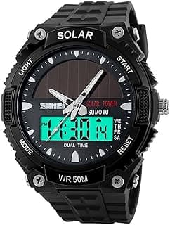FANMIS Men's Solar Powered Casual Quartz Wrist Watch Analog Digital Multifunctional Black Sports Watch