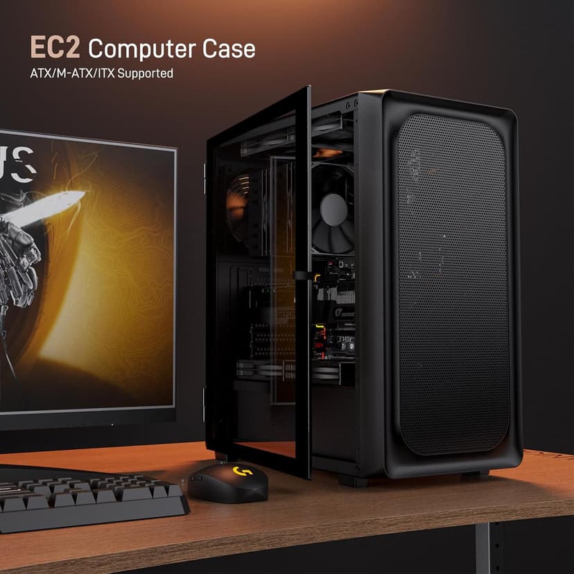 DARKROCK EC2 Black ATX Mid Tower PC Case, Type-C Ready, Supports 50 Series Graphics Cards, Tempered Glass Side Panel, up to 8 x 120mm Cooling Fans & 1 x 360mm Radiator, 1 x Pre-Installed Fan