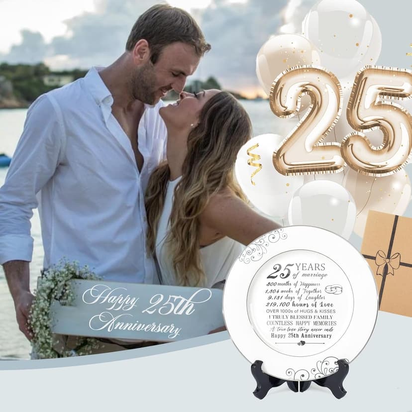 25th Anniversary Plate with Platinum Foil - Silver 25 Year Marriage Anniversary Wedding Gifts for Couple Her Him Husband Wife, 9"