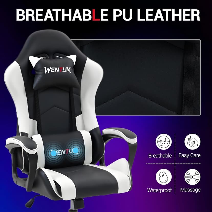 Gaming Chair PU Leather Massage PC Video Game Chair with Lumbar Support for Men Women, Home Office, Height Adjustable, Ergonomic, High Back, White