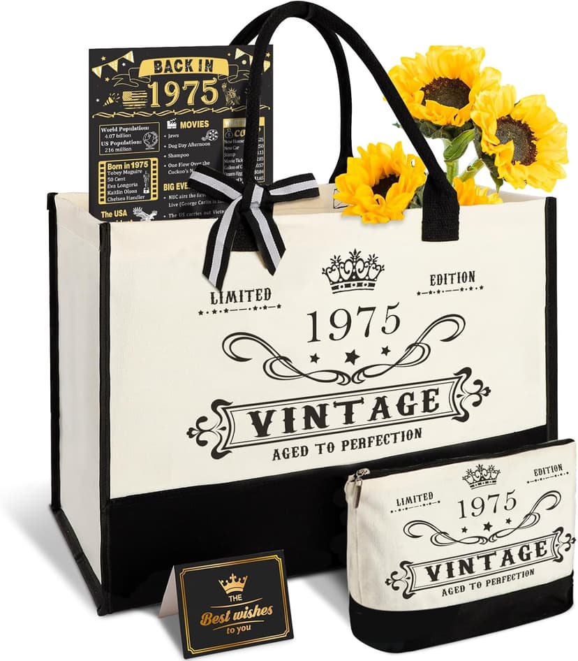50th Birthday Gifts for Women Canvas Tote Bag Travel Gear, Unique 50 Years Old Gifts for Wife Sister Mom Aunt Friends Her, Vintage 1975 Handbag & Cosmetic Bag & Back in 1975 Poster