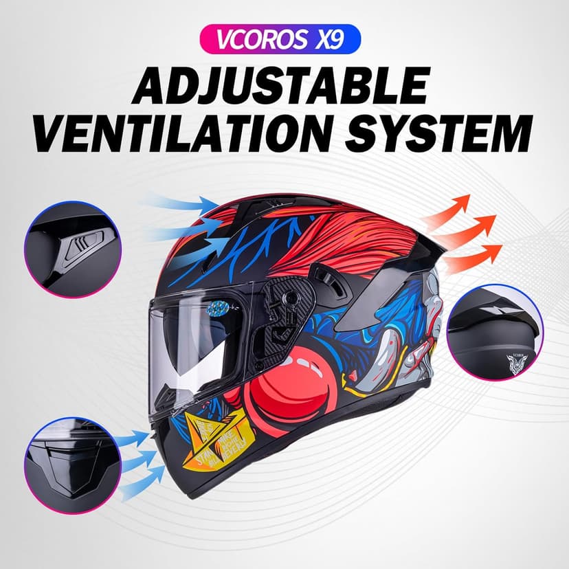 VCOROS Full Face Dual Visor Motorcycle Helmet for Adults Motorbike Street Bike Racing Helmets X9 DOT Approved with Black Visor