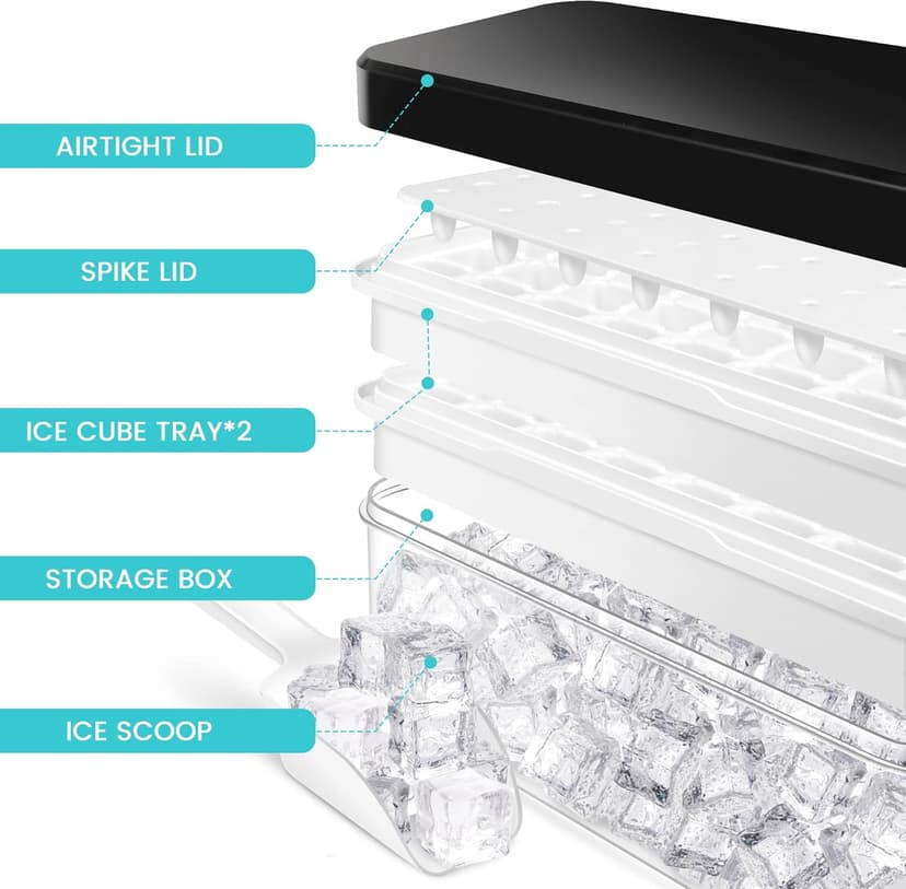 Ice Trays for Freezer with Lid & Bin, Ice Cube Tray Making 64 pcs Ice Cubes, Easy Press to Release Ice, Ice Tray with Storage Bin Chilling Cocktail Whiskey Coffee 2 Trays 1 Ice Bucket & Scoop (Black)