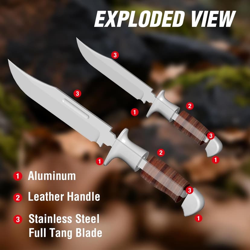 Mossy Oak Fixed Blade Bowie Knife, 2-piece Hunting Knife with Leather Handle Featuring Laser Pattern, Sheath Included