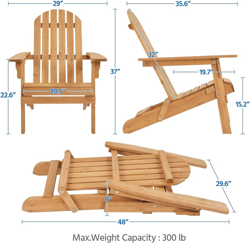Yaheetech Folding Adirondack Chair Set of 6 Outdoor, 300LBS Solid Wood Garden Chair Weather Resistant, Fire Pit Lounge Chairs for Garden/Yard/Patio/Lawn, Natural Wood