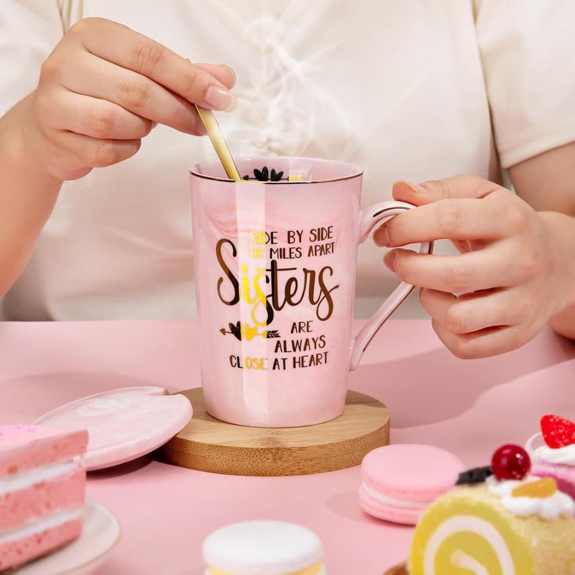 14oz Pink Marble Coffee Mug with Gold Print, Lid, Spoon, Greeting Card and Elegant Gift Box, Present for Big Sister Sister Birthday Gifts for Sister from Brother Sisters, 14oz Sisters Mug B0855VHN6G