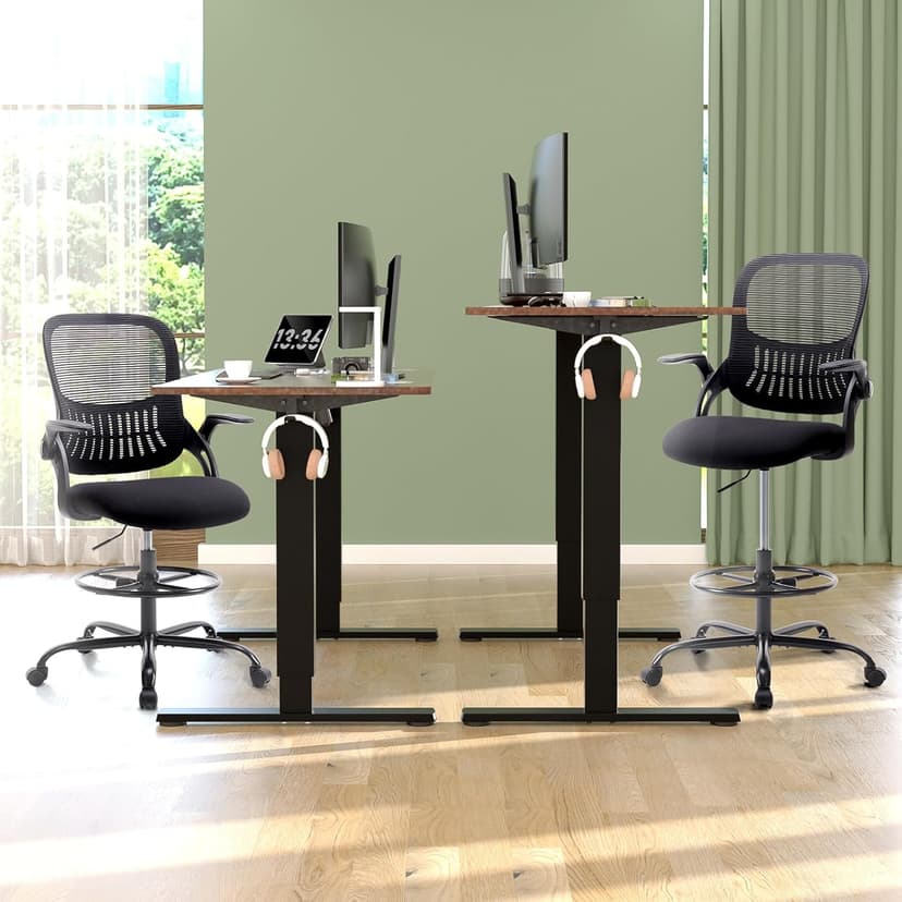 DUMOS Drafting Chair for Standing Desk, Counter Height Adjustable, Flip-up Arms, Ergonomic Mid Back Mesh Rolling Work 360° Swivel Office Computer Chairs with Wheels, for Bedroom Livingroom, Ink