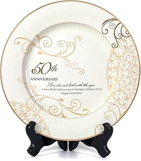 50th Anniversary Wedding Gifts for Couples Parents - 50 Year Marriage Plate with 24k Gold Foil, Golden Keepsake Gift, Ceramic 9 inch