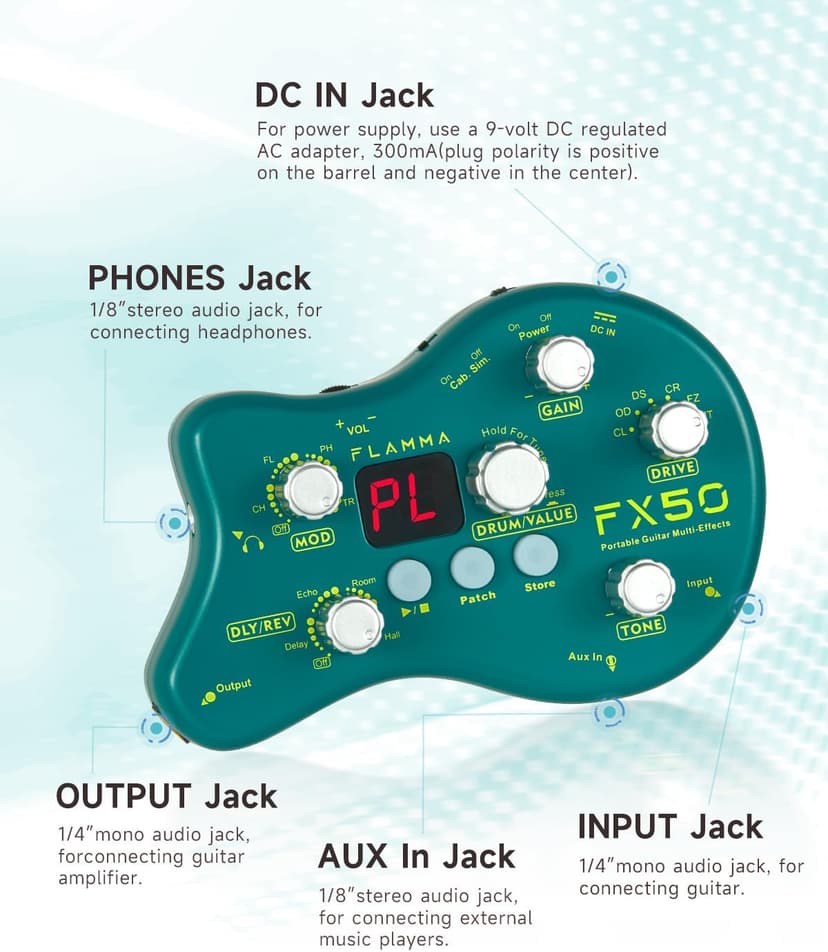 FLAMMA FX50 Practice Guitar Pedal Multi Effects Pedal Mini Portable with 40 Drum Rhythms15 Effects 32 Patches Tuner Function Support Both Corded and Battery Powered