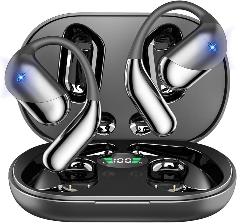 Open Ear Wireless Earbuds Headphones, Bluetooth Built-in Mic,Waterproof, LED Display Charging Case,on Ear Hooks clip Ear Buds，Ultra-Comfort Earphones Design for Running Fitness workout office gym