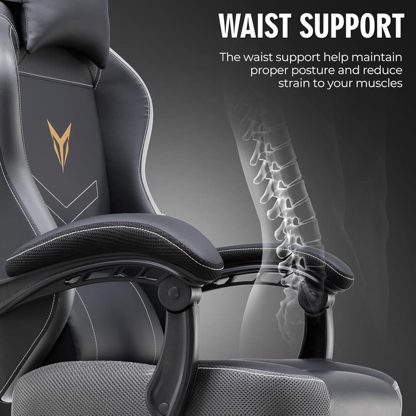 GTPLAYER Gaming Chair, Office Chair High Back Computer Chair with Foot Rest for Adults, Leather Desk Chair Executive Ergonomic Height Adjustable with Headrest and Lumbar Support, 300lbs Grey