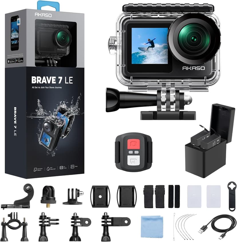 AKASO Brave 7 LE 4K30FPS 20MP WiFi Action Camera with Touch Screen EIS 2.0 Zoom Remote Control 131 Feet Underwater Camera with 2X 1350mAh Batteries Support External Microphone Vlog Camera