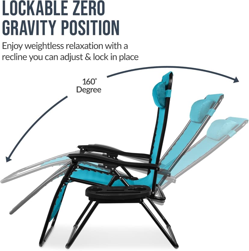 Best Choice Products Set of 2 Extra Wide Adjustable Steel Mesh Zero Gravity Lounge Chair Recliners w/Pillows and Cup Holder Trays - Peacock Blue