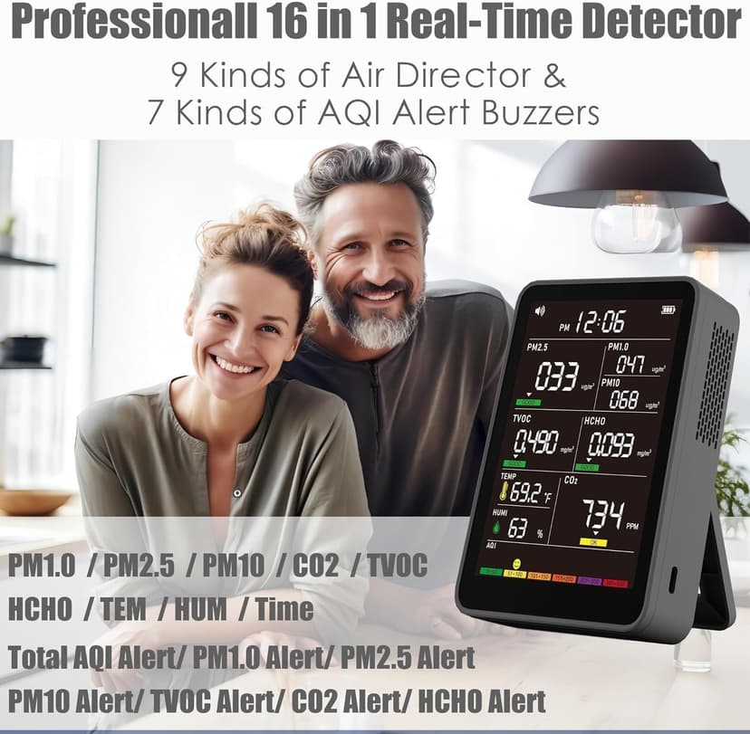 Professional Indoor Air Quality Monitor with AQI Alerts, Portable Real-Time Detector for Home, Car, Plants & Pet (Black)