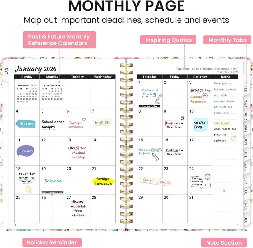2026 Planner, Weekly and Monthly Calendar Planner for Women, Jan 2026 - Dec 2026, Hardcover Planning Agenda Book with Tabs, Spiral Bound, Inner Pocket, Perfect for School Office Supplies, 6.3" x 8.5" - Wildflowers