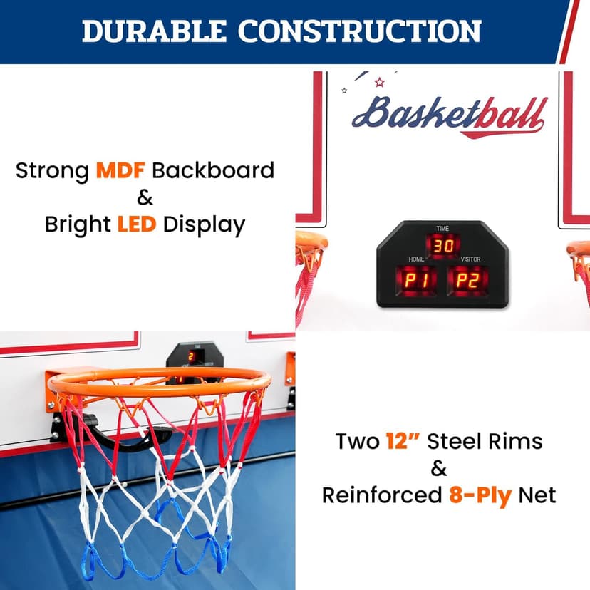 BAGAIL Basketball Arcade Game, Electronic Basketball Shooting Game with 8 Game Modes, Arcade Sounds, Foldable Frame, 4 Balls, Inflation Pump, Ideal Indoor Sport Games for All Players - Dual Shots