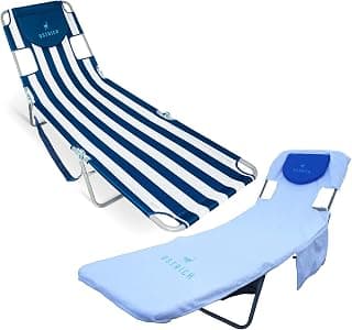 Ostrich The Original Chaise Lounge Portable Reclining Beach Chair, Blue Stripe - Bundled with Custom Fitted Towel Cover, White