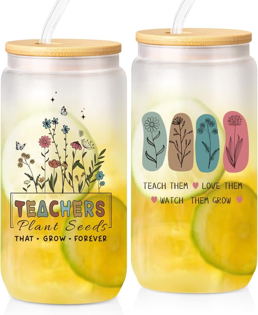 Teacher Appreciation Gifts Best Teacher Gifts from Student End of Year Teachers Gift for Women Unique 16 oz Teacher's Day Glass Cups for Teachers, Thank You Retirement Birthday Back to School(Frosted)