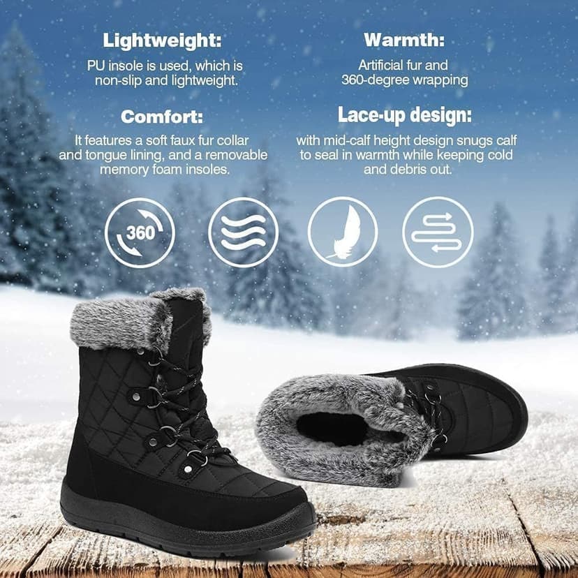 JSWEI Winter Boots for Women - Soft Comfortable Faux Fur Mid Calf Winter Snow Boots Totes Boots Lace up Snow Boots Winter Boots with Insulated Black for Outdoor