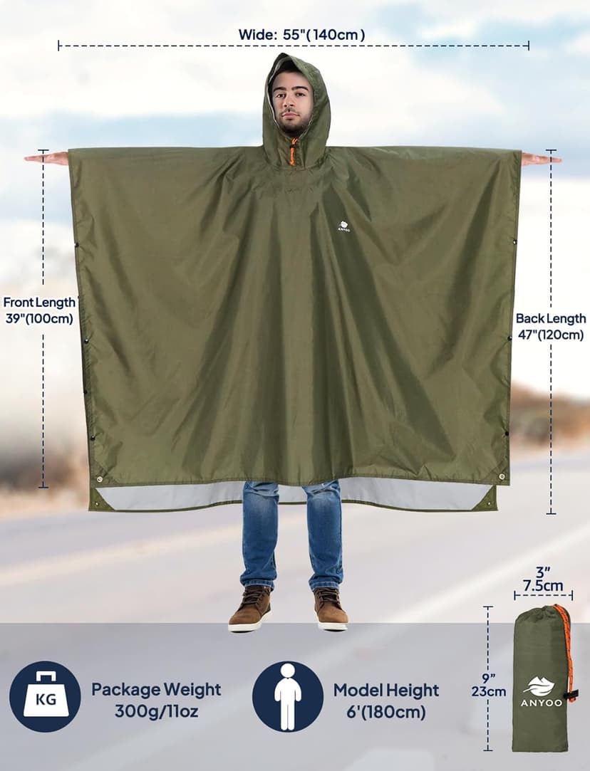 ANYOO Hooded Rain Poncho for Adults Waterproof Lightweight Rain Coat for Men Women Reusable Rain Jacket for Emergency Outdoor