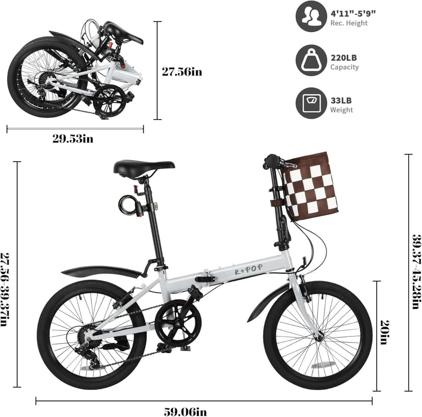 20 Inch Folding Bike with 7-Speed, Foldable Bikes for Adults, Lightweight Folding Bicycle with Basket, Fender, Front and Rear V-Brakes, Adjustable Seat