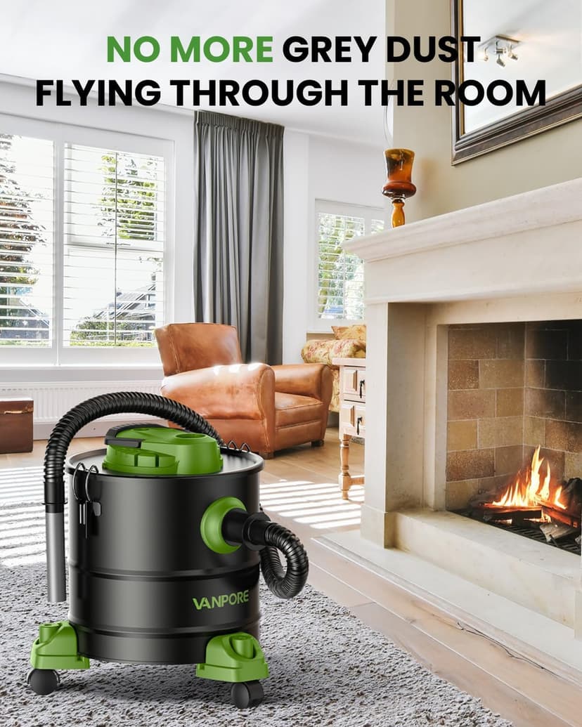 VANPORE Ash Vacuum Cleaner 5.2 Gallon with 1200w Suction Power&Wheeled Base, Ash Vacuum for Pellet Stoves, Fireplaces, Grill, Wood Stove, Fire Pits,Green