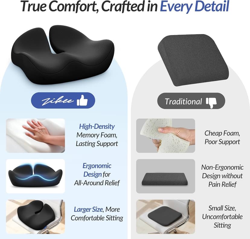 ZIKEE Pioneering Seat Cushion for Pressure Relief, Ergonomic Office Chair Cushion for Sciatica, Back, Hemorrhoids & Tailbone Pain Relief, High-Density Memory Foam Car Seat Cushion with Anti-Slip Base