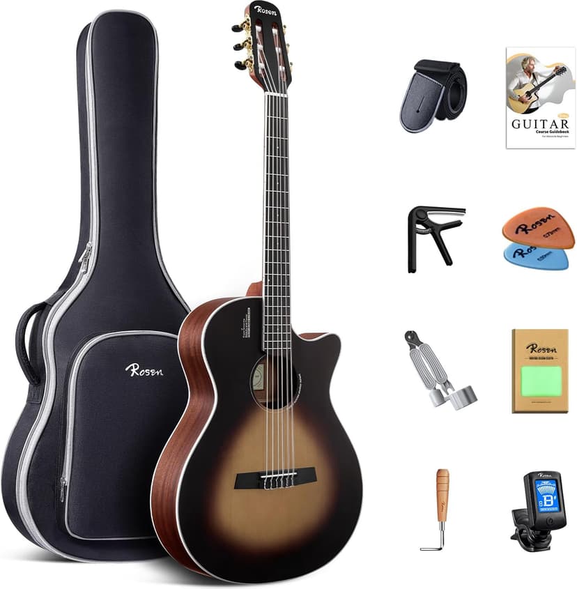 Rosen V1 Hybrid Acoustic Guitar for Beginners Adults Patented Body with Solid Spruce Top & Soft Touch Strings Thin Neck & Open Pore Matte 40 Inch,Black