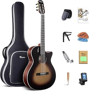 Rosen V1 Hybrid Acoustic Guitar for Beginners Adults Patented Body with Solid Spruce Top & Soft Touch Strings Thin Neck & Open Pore Matte 40 Inch,Black