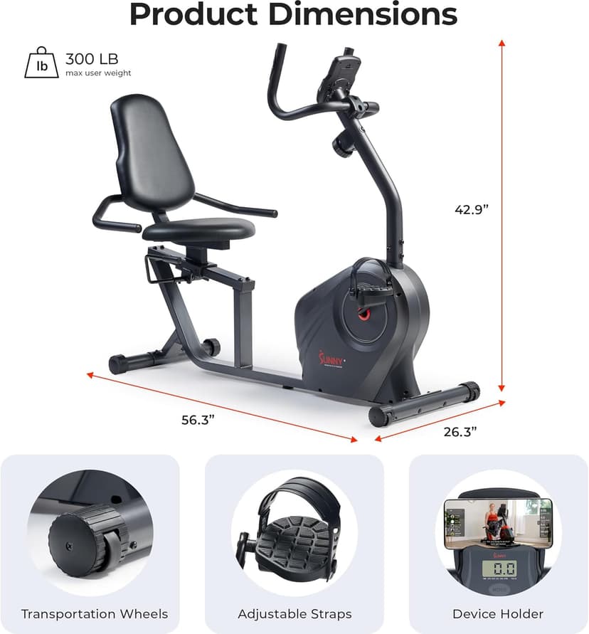 Sunny Health & Fitness Smart Heavy-Duty Recumbent Bike w/Wide Cushioned Seat & Back, Indoor Cycling Machine for Adult/Seniors Home Exercise, Free SunnyFit App Connect, Optional Workout Training Bands