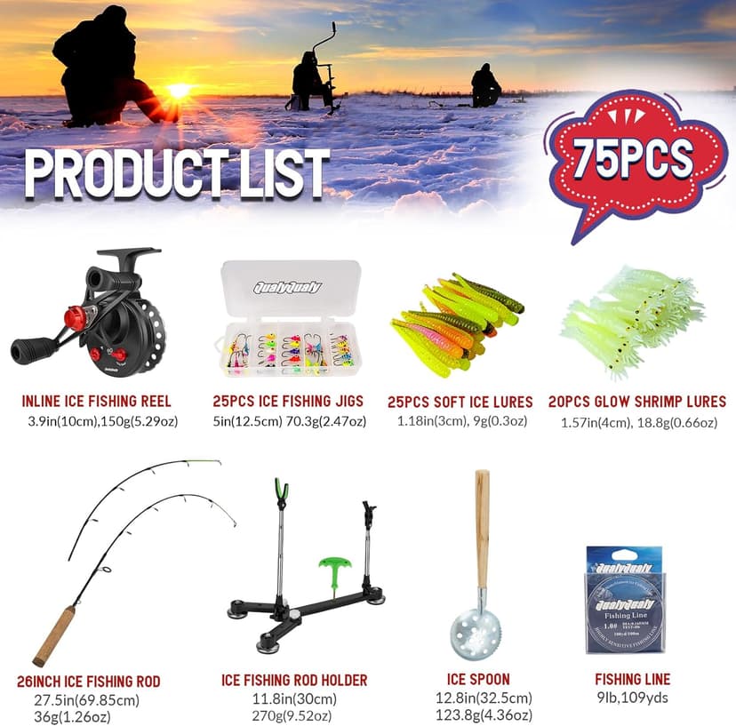 QualyQualy Ice Fishing Rod Reel Combo Complete Set Ice Fishing Gear with Backpack Seat Ice Cleats Ice Fishing Jigs Line Full Ice Fishing Kit 24" 26"