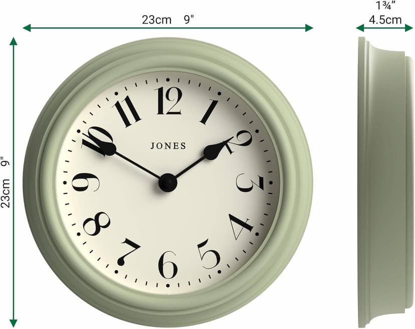JONES CLOCKS® Frieze Wall Clock | Small Elegant Classic Round Clock | 23cm | Sage Green | Pretty Design Ideal for The Kitchen, Living Room, Bedroom, Large or Small Spaces